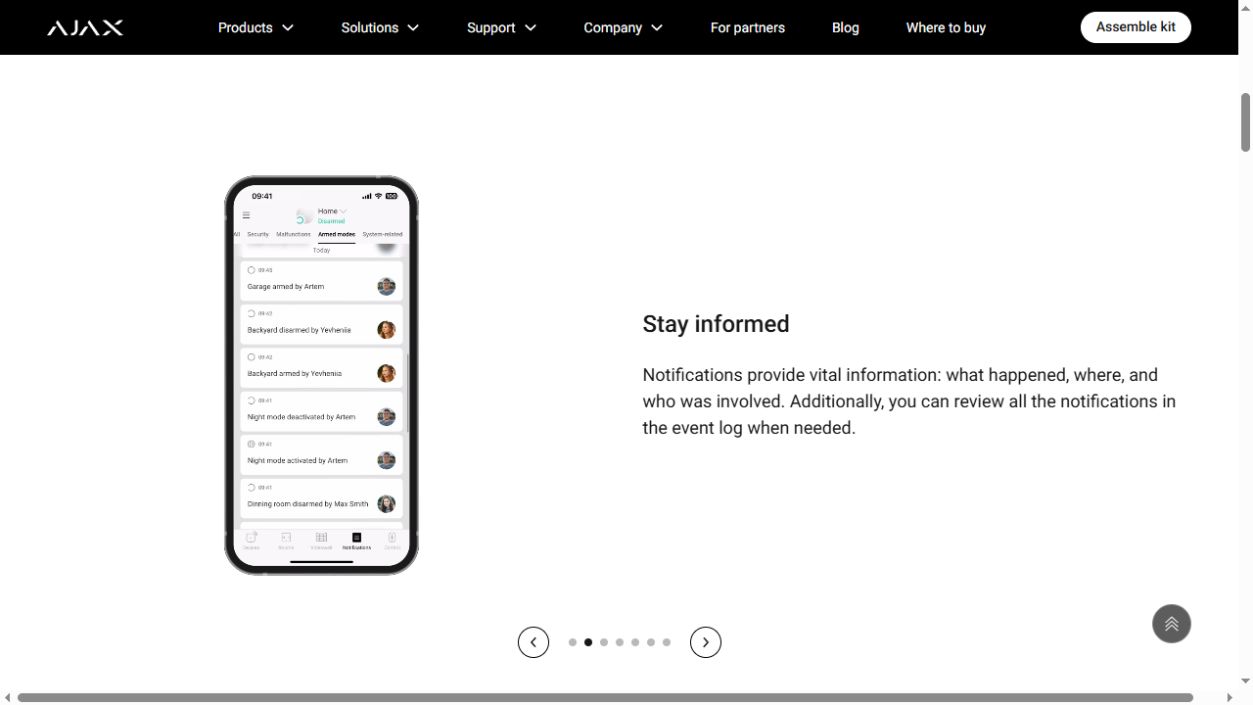 Notificaciones de eventos en la app Ajax Security System