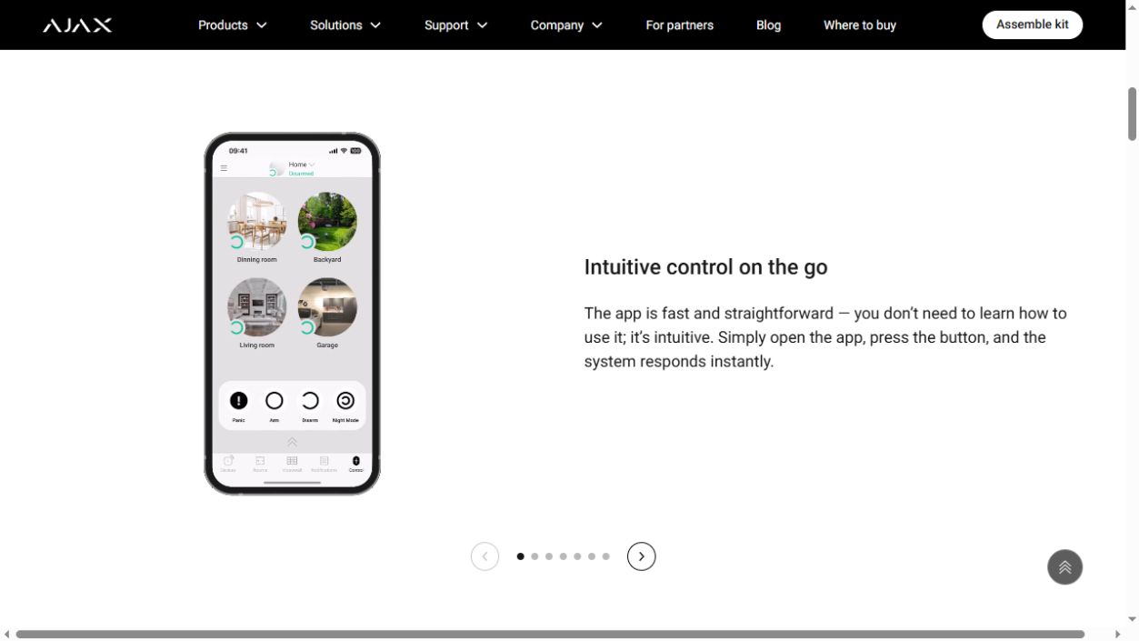 Pantalla de control de Ajax Security System en un smartphone